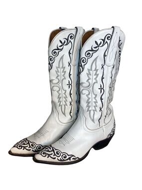 LARRY MAHAN Vintage White Leather Cowboy Boots Black Embroidery Western Size 6